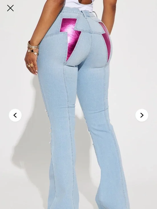 Fashion Nova Light Wash Flare Jeans Pink Metallic Detail High Rise - Picture 1 of 2